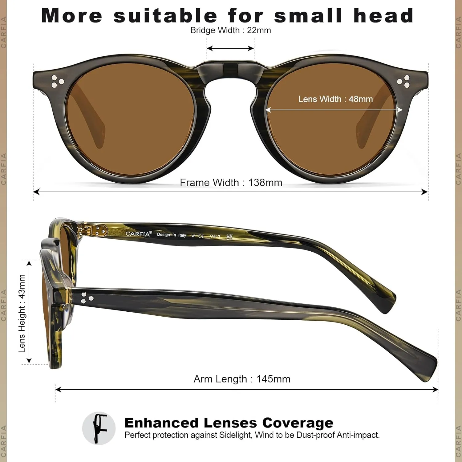 CARFIA Retro Men's Sunglasses Polarized UV400 Protection, Small Round Acetate Italian Luxury Style Driving Shades