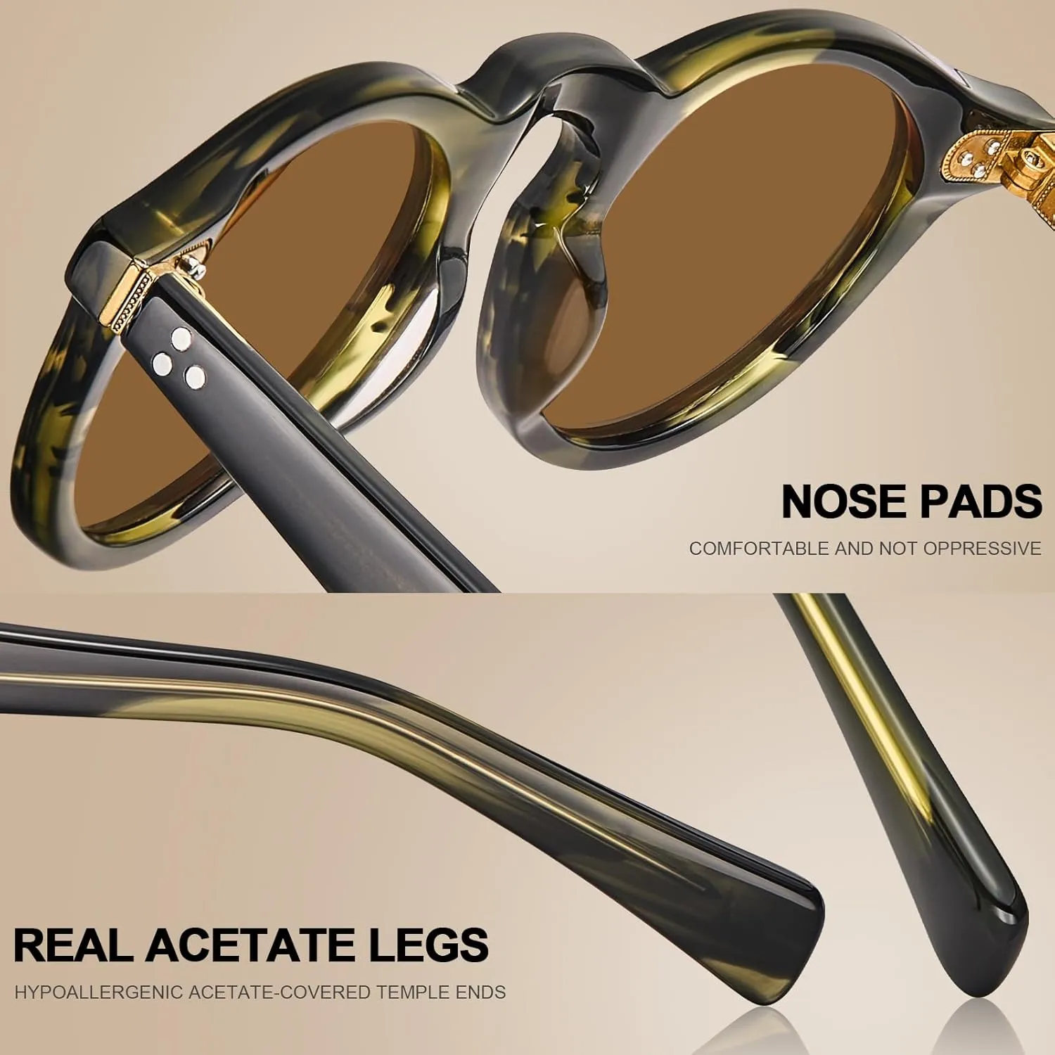 CARFIA Retro Men's Sunglasses Polarized UV400 Protection, Small Round Acetate Italian Luxury Style Driving Shades