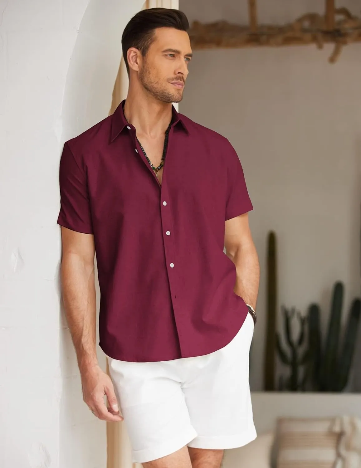 COOFANDY Men's Linen Casual Short Sleeve Shirt Button Down Summer Beach Wedding Shirts