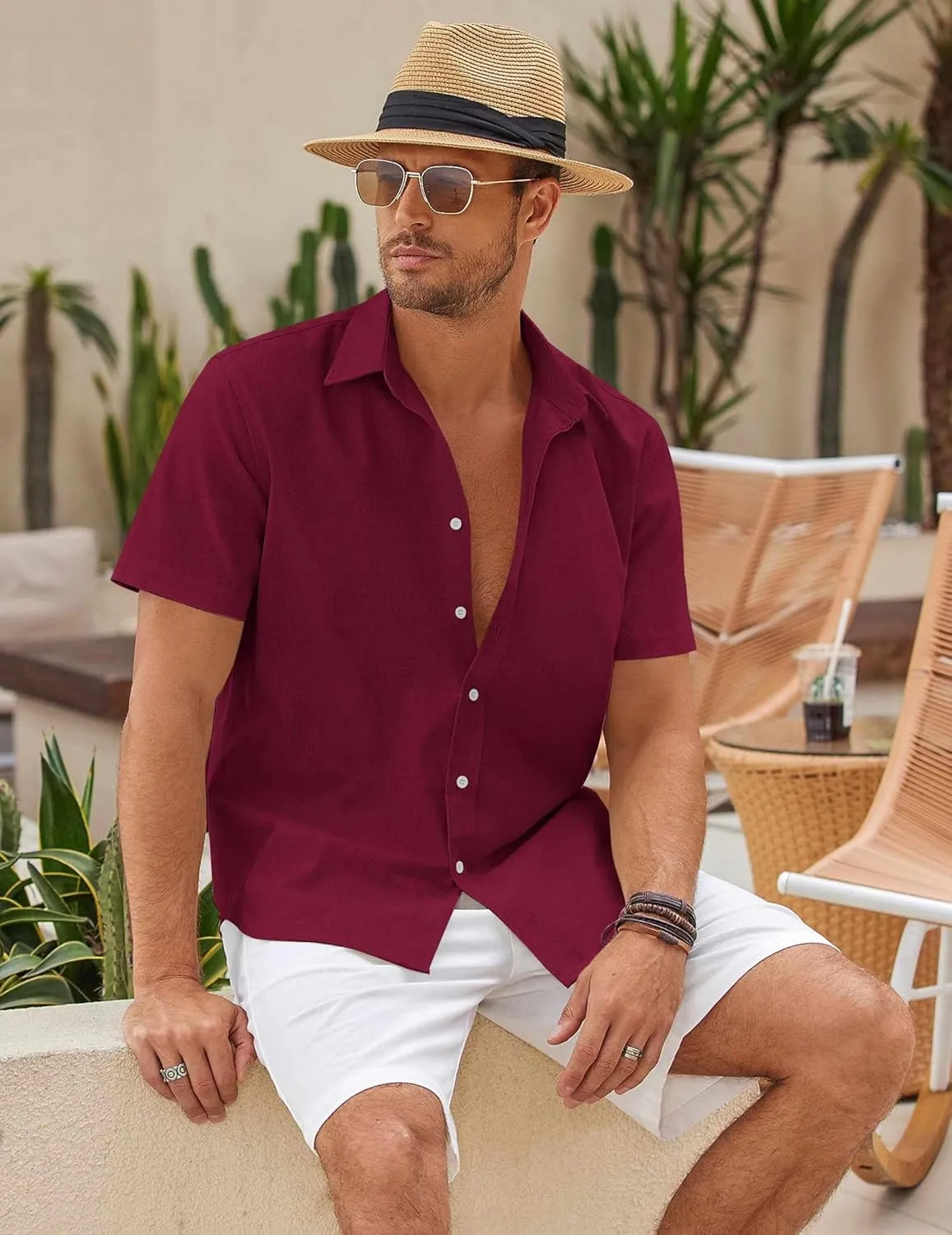 COOFANDY Men's Linen Casual Short Sleeve Shirt Button Down Summer Beach Wedding Shirts