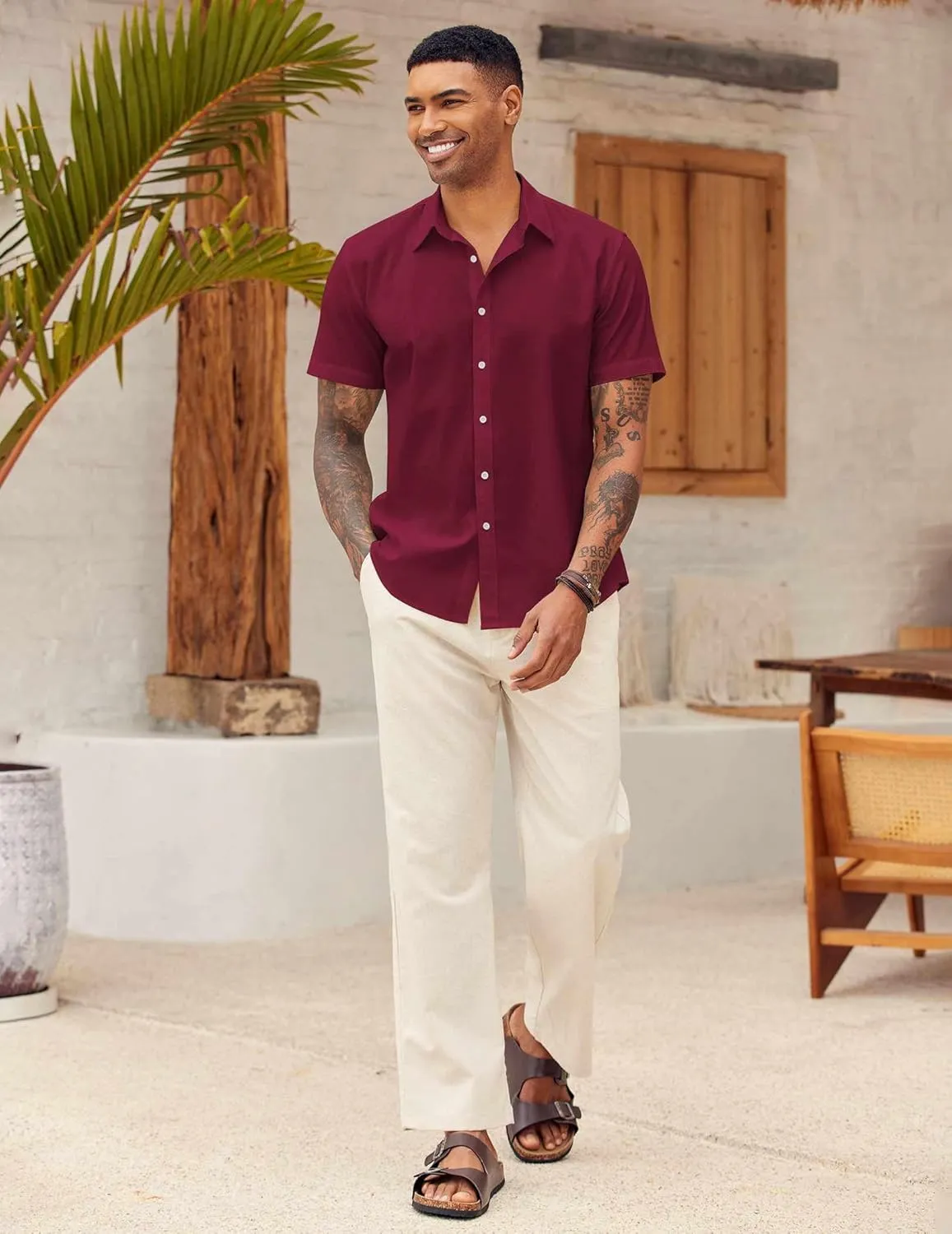 COOFANDY Men's Linen Casual Short Sleeve Shirt Button Down Summer Beach Wedding Shirts