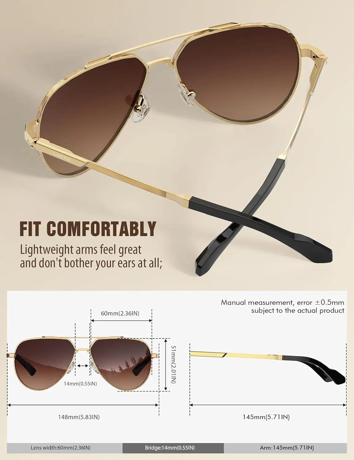 LUENX Aviator Sunglasses for Men Women Polarized Trendy Sun Shades UV 400 Protection