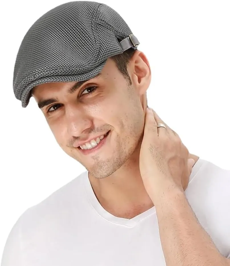 Mens Breathable Mesh Summer Hat Adjustable Newsboy Beret Ivy Cap Cabbie Flat Cap