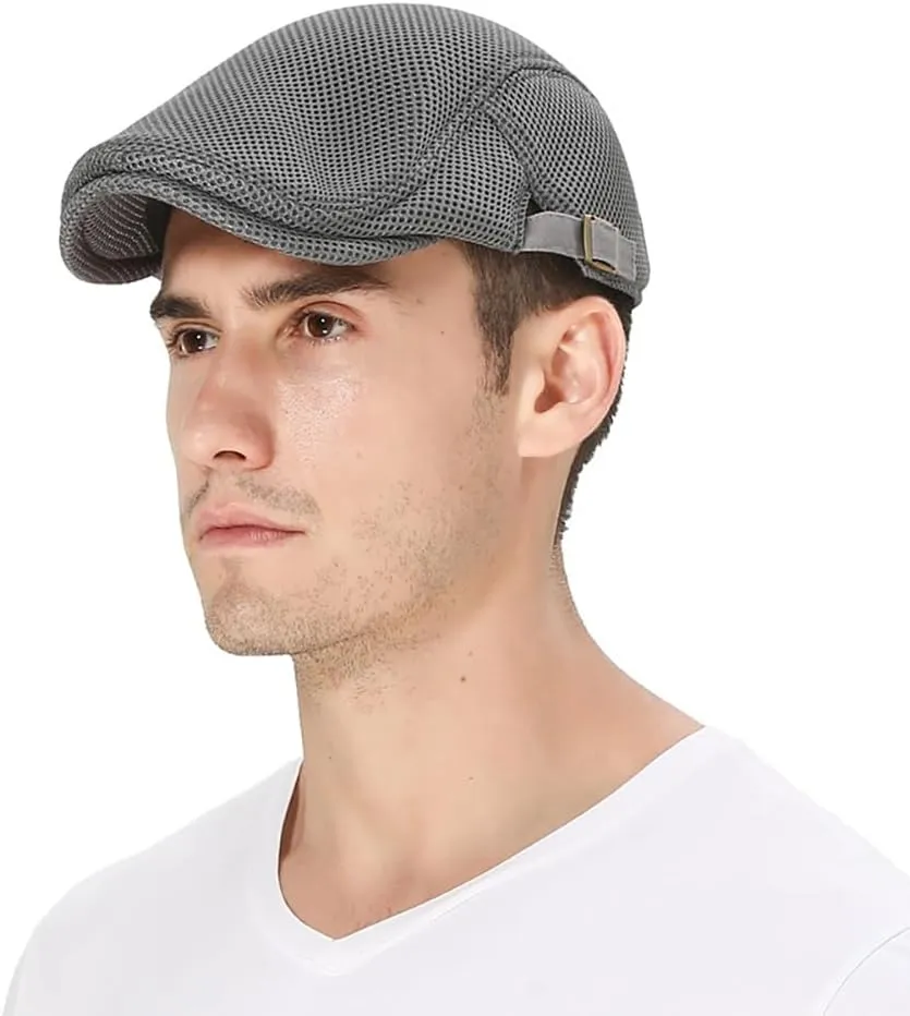 Mens Breathable Mesh Summer Hat Adjustable Newsboy Beret Ivy Cap Cabbie Flat Cap