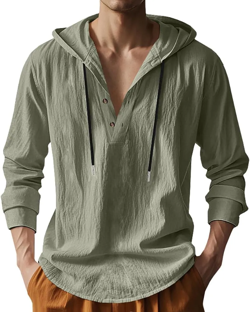 Mens Cotton Linen Hoodies Long Sleeve Button Down Shirts Casual Hawaiian Beach Yoga Sweatshirts