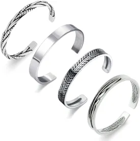 RIOSO 4Pcs Men's Cuff Bracelets Silver Cuff Bracelet Leaves Pattern Twisted Open Cuff Bracelet