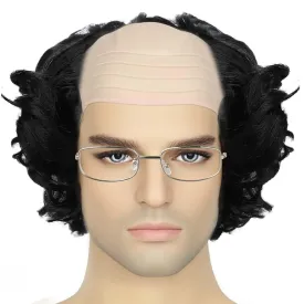 Short Curly Old Man Bald Cap Wig Mad Black Scientist Synthetic Balding Halloween Anime Cosplay Costume Wigs (Black)