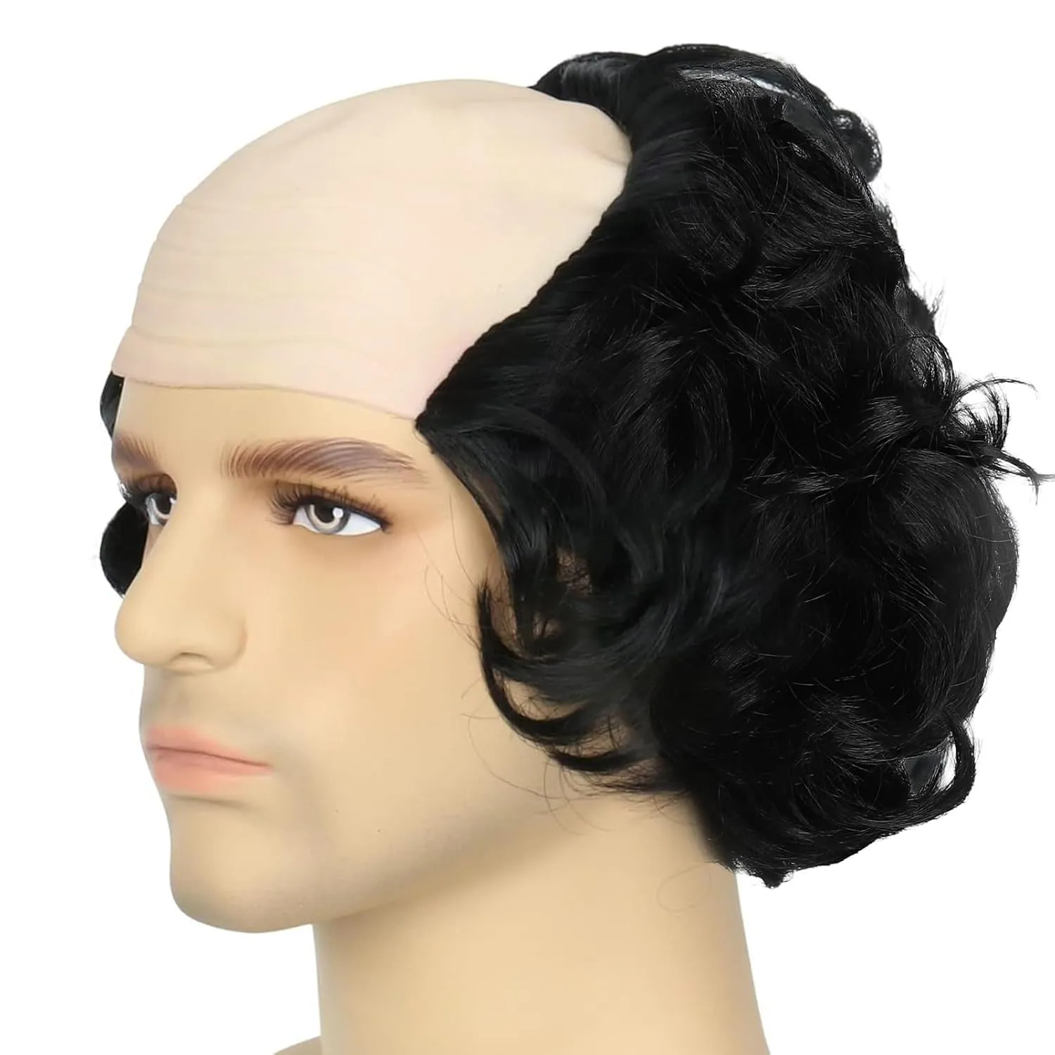 Short Curly Old Man Bald Cap Wig Mad Black Scientist Synthetic Balding Halloween Anime Cosplay Costume Wigs (Black)