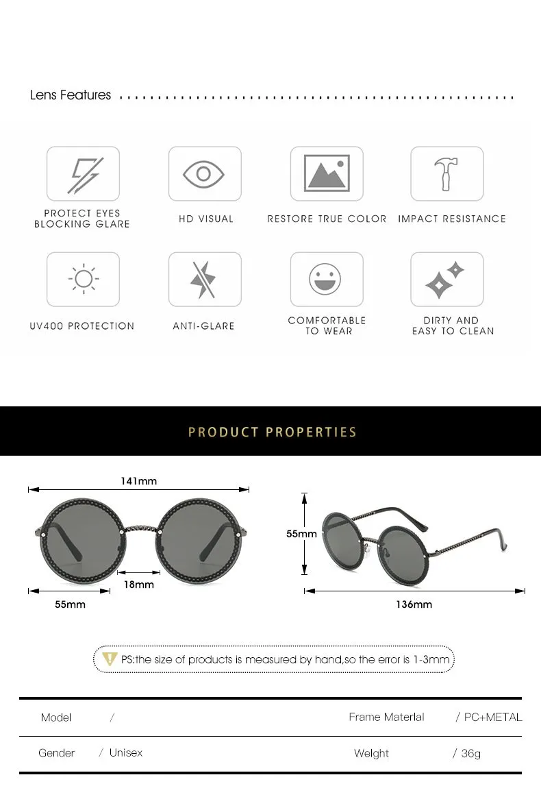 Women's Luxury Metal Chain Round Oversized Fashion Sunglasses