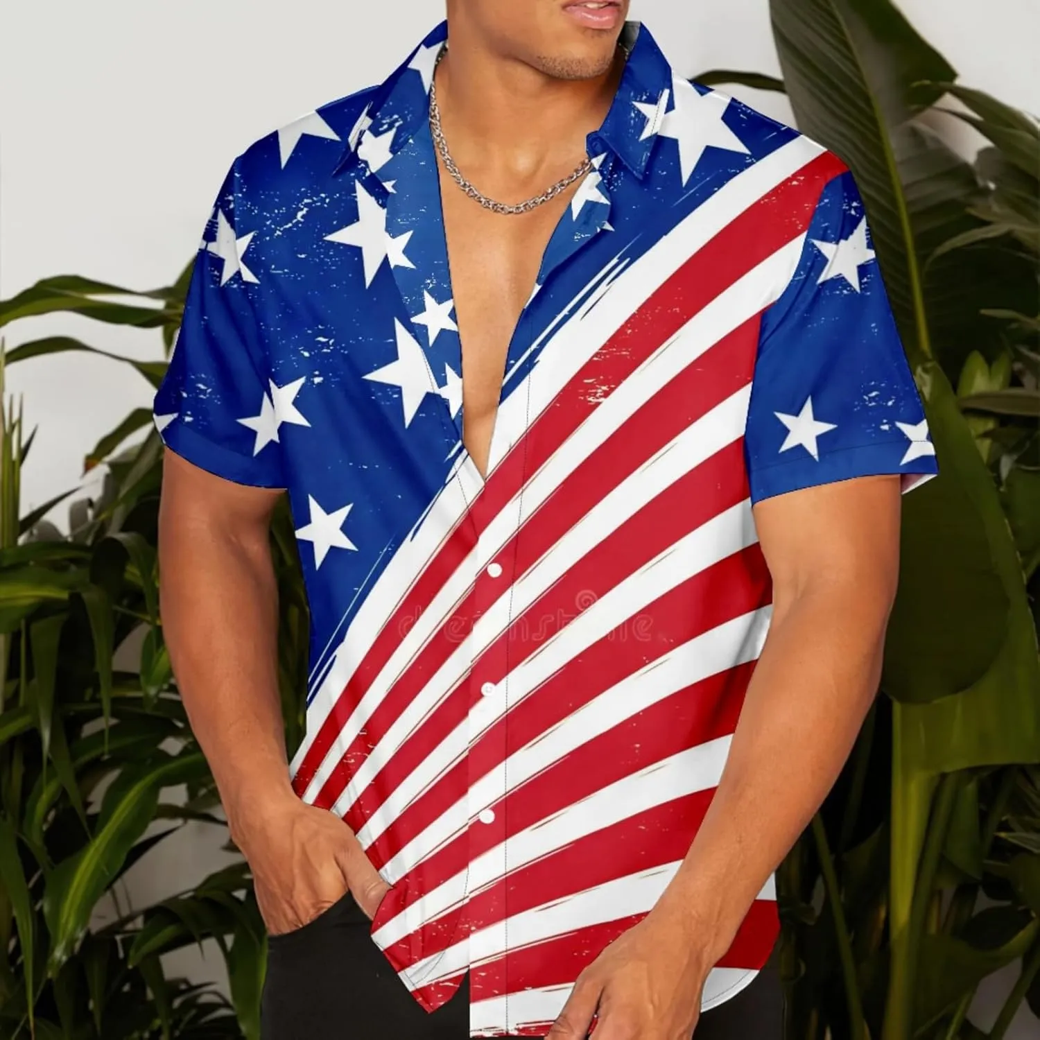 yolsun Men's 4th of July Button-Down Shirt - Casual Short Sleeve, American Flag Print, Independence Day Hawaiian Shirt