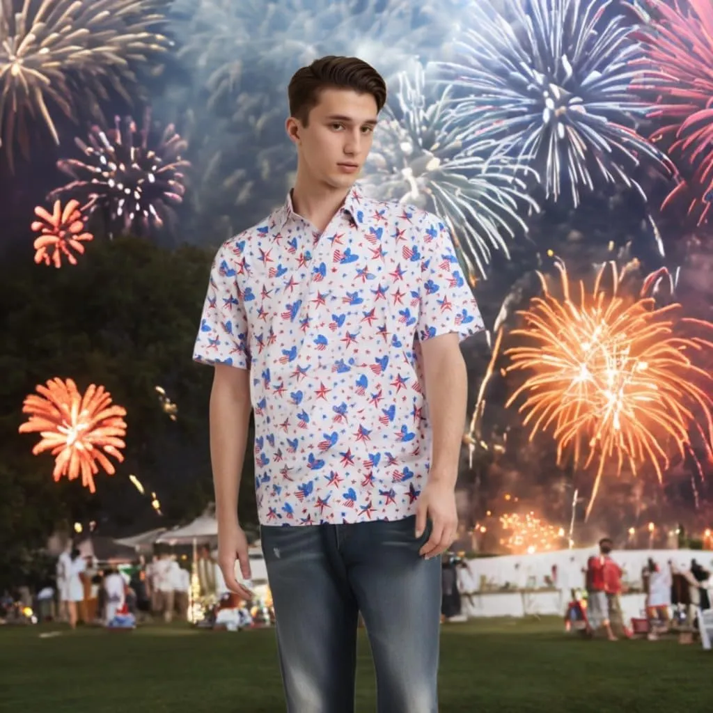 yolsun Men's 4th of July Button-Down Shirt - Casual Short Sleeve, American Flag Print, Independence Day Hawaiian Shirt